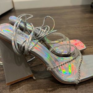 Faux leather rhinestone wrap heel, never worn!!